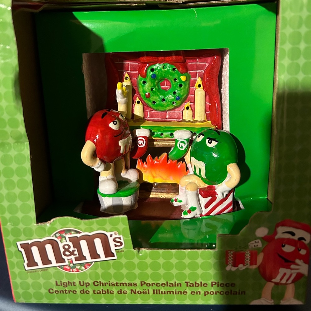 Porcelain M&M Christmas fireplace scene.